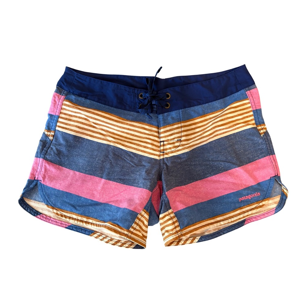 Patagonia Women Size 0 Multi Color Striped Board Shorts Blue Pink 100% Nylon